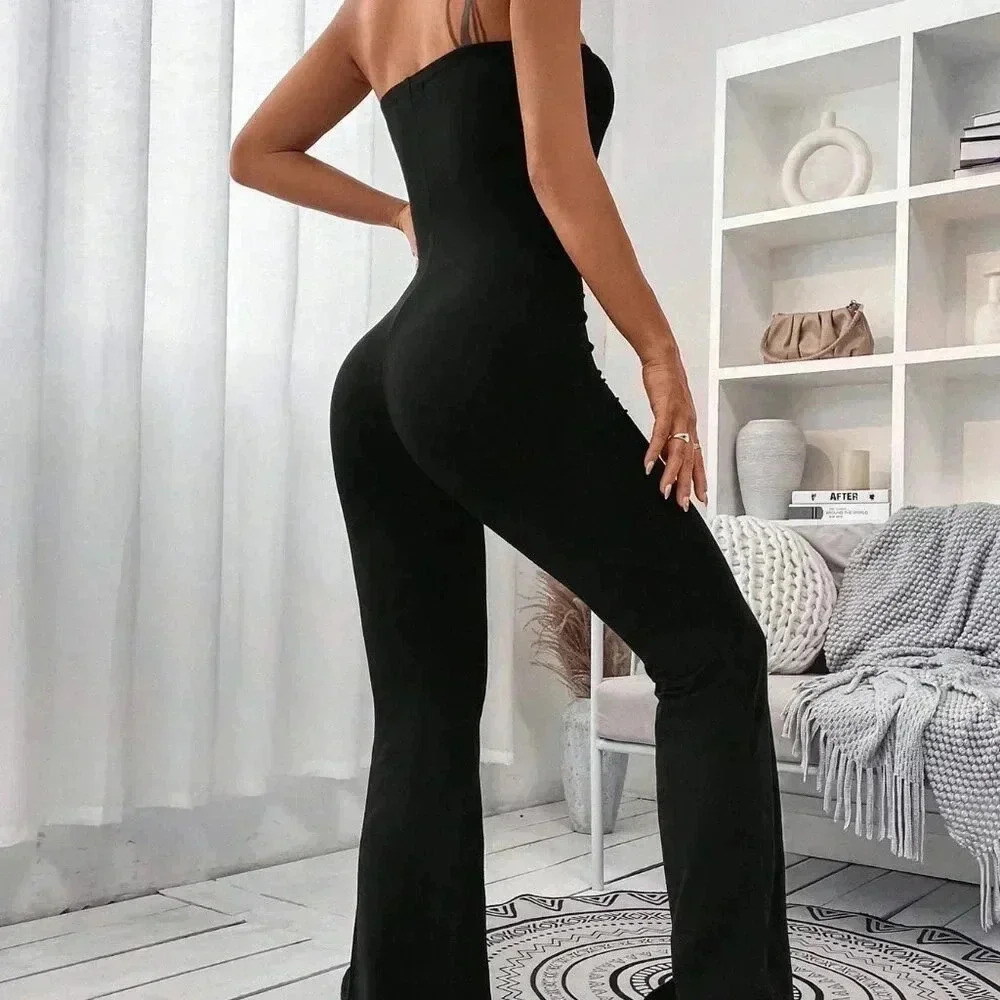 Black Casual Women's Solid Flare Leg Tube Jumpsuit - Picture 2 of 7